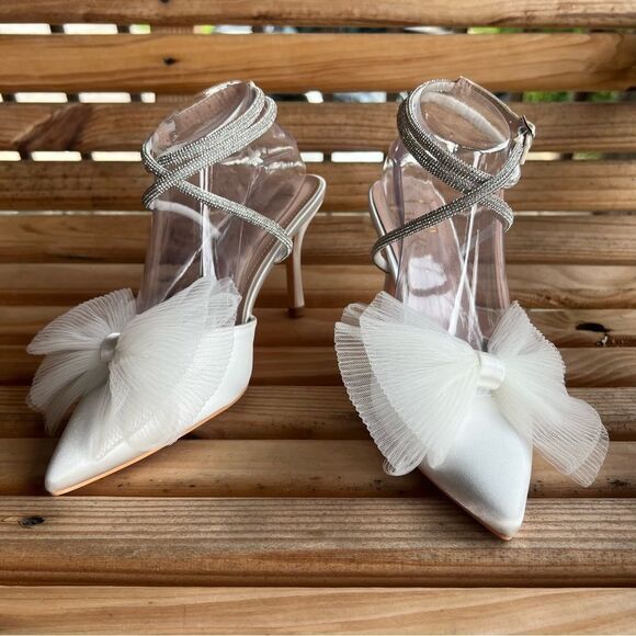 Lulus Lelanee White Satin Rhinestone Bow Ankle Strap Pumps - Picture 3 of 16